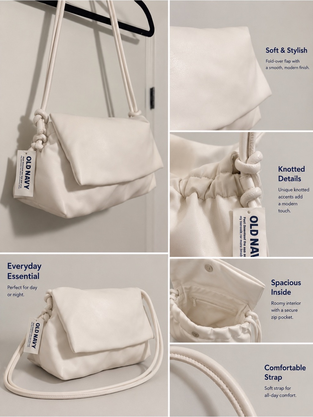 NWT Old Navy Ivory Slouchy Shoulder Bag | Soft Faux Leather Purse